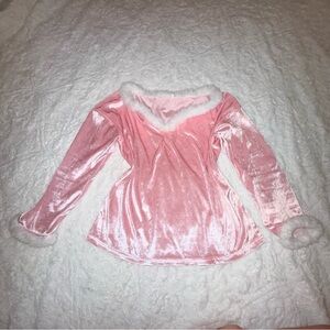 Pink Velvet Long Sleeve Top with White Fur Trim